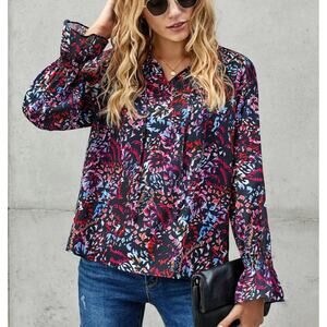 Sois Inspire Split Neck Printed Blouse Top Sz S